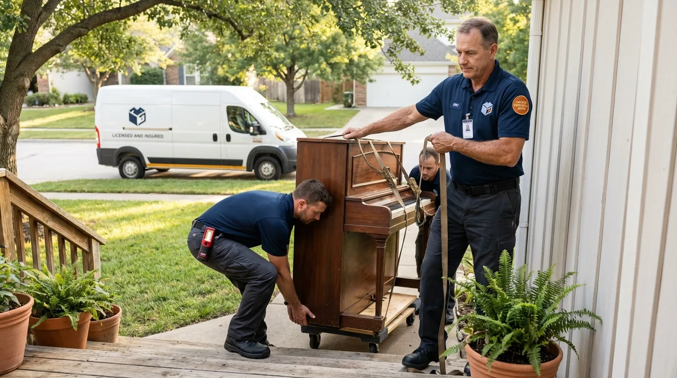 Licensed piano movers securing grand piano in Haddon Heights, NJ