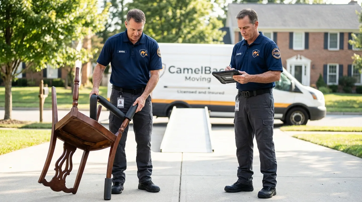 Movers inspecting furniture for damage prevention before loading in Haddon Heights, NJ