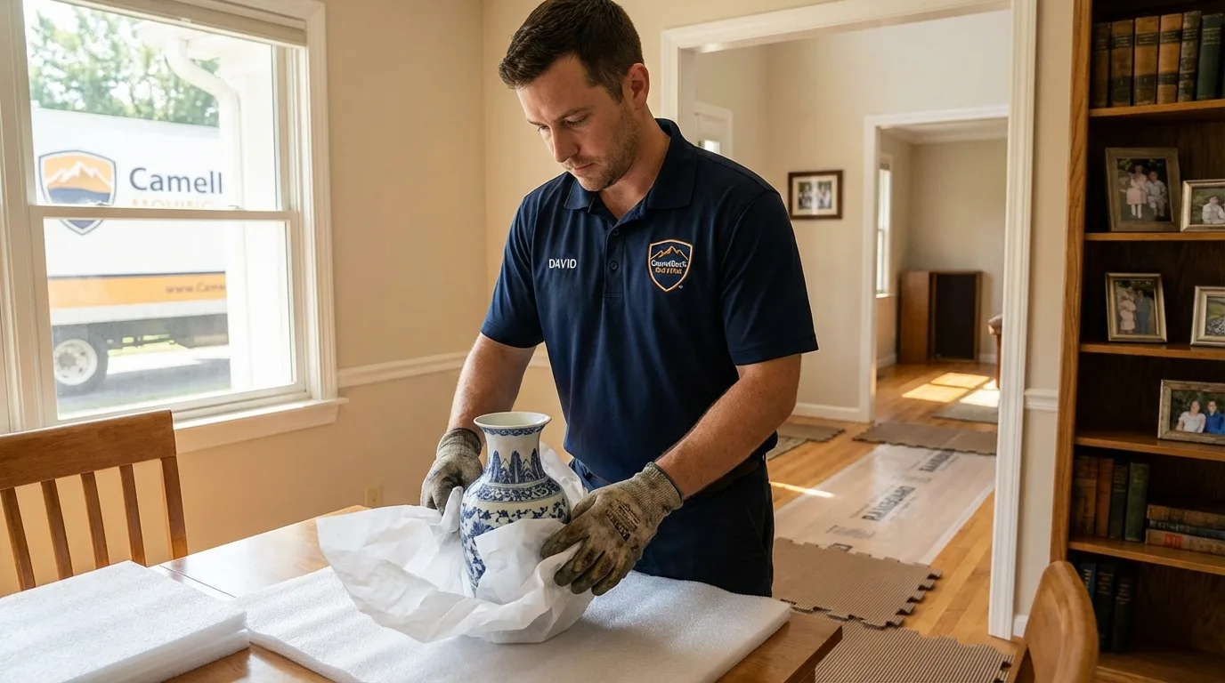 Professional crew carefully wrapping antique vase for senior downsizing move in Haddon Heights, NJ
